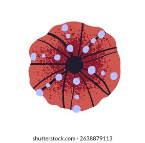 Red sea urchin patterned with spots, stripes. Undersea hedgehog with round shape. Tropical underwater animal, mollusk. Exotic decoration of ocean. Flat isolated drawing vector illustration on white