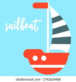 Red sea yacht on blue backdrop. Sailboat calligraphy for invitation or gift card, sailing club logo, notebook sticker, bath tile. Phone case or cloth print art. Flat style stock vector illustration