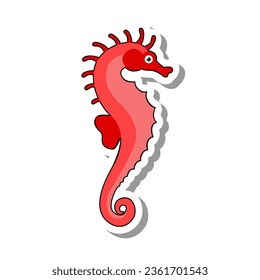 Red seahorse from coral reefs flat paper sticker. Small marine creature or inhabitant of sea depths and oceans isolated on white background. Nature, aquarium, animals and fish concept