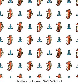 Red Seahorses and Blue Anchors Nautical Pattern. Ideal for summer, sea life, and nautical-inspired projects. Perfect for marine-themed prints, beachwear, etc