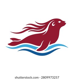 A red seal with a flowing mane swims through wavy blue water, evoking a sense of freedom and movement in a natural aquatic setting