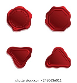 Iconos de foca roja Vector de dibujos animados. Retro cera real sello rojo. Relieve de cera para sobre y documento