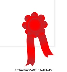 Red seal with ribbon in corner of paper