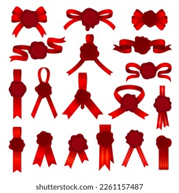 Red seal with ribbons set. Vintage decoration design element for document, guarantee label, letter and award cartoon vector illustration
