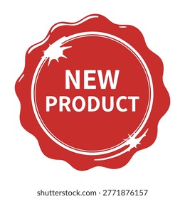 Red seal with white text announcing a new product launch, symbolizing freshness and innovation
