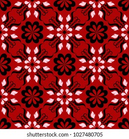 Red seamless background with black and white design elements. Pattern for wallpapers, textile and fabrics