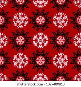 Red seamless background with black and white design elements. Pattern for wallpapers, textile and fabrics