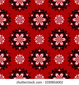 Red seamless background with black and white design elements. Pattern for wallpapers, textile and fabrics