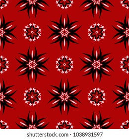 Red seamless background with black and white design elements. Pattern for wallpapers, textile and fabrics