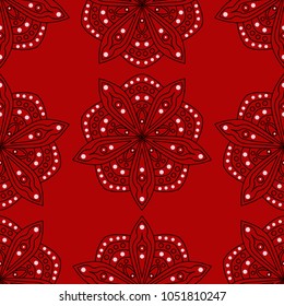 Red seamless background with black and white design elements. Pattern for wallpapers, textile and fabrics
