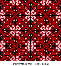 Red seamless background with black and white design elements. Pattern for wallpapers, textile and fabrics