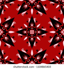Red seamless background with black and white design elements. Pattern for wallpapers, textile and fabrics