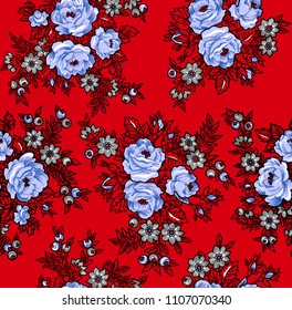 Red seamless background with blue roses