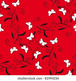 Red seamless background with flowers and butterflies. Vector illustration