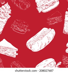 Red seamless background with hot-dog hamburger fast food sketch icons vector illustration