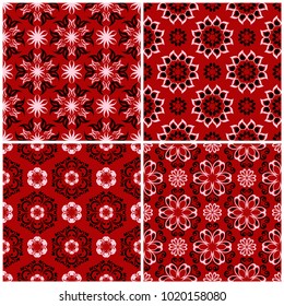 Red seamless backgrounds with black and white floral patterns for wallpapers, textile and fabrics