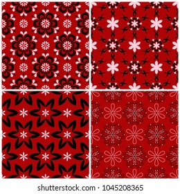Red seamless backgrounds with black and white floral patterns for wallpapers, textile and fabrics