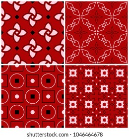 Red seamless backgrounds with black and white geometric patterns for wallpapers, textile and fabrics