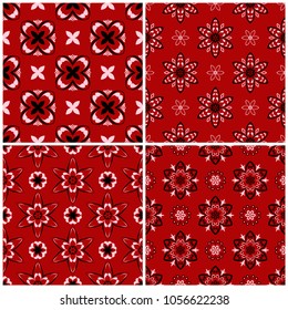 Red seamless backgrounds with black and white floral patterns for wallpapers, textile and fabrics