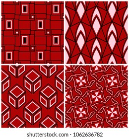 Red seamless backgrounds with black and white geometric patterns for wallpapers, textile and fabrics
