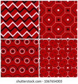 Red seamless backgrounds with black and white geometric patterns for wallpapers, textile and fabrics