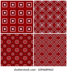 Red seamless backgrounds with black and white geometric patterns for wallpapers, textile and fabrics