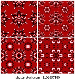 Red seamless backgrounds with black and white floral patterns for wallpapers, textile and fabrics