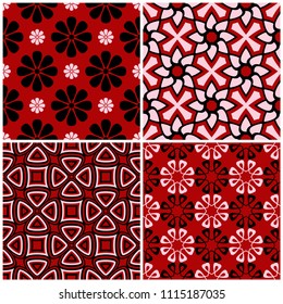 Red seamless backgrounds with black and white floral patterns for wallpapers, textile and fabrics