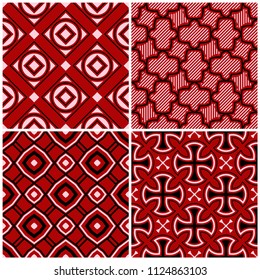 Red seamless backgrounds with black and white geometric patterns for wallpapers, textile and fabrics