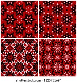 Red seamless backgrounds with black and white floral patterns for wallpapers, textile and fabrics