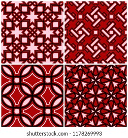 Red seamless backgrounds with black and white geometric patterns for wallpapers, textile and fabrics
