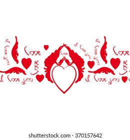 Red seamless border. Heart with two birds and text Love. Background for your artworks. 