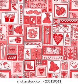 Red seamless Christmas and New Year pattern with bells, christmas tree, sweets, candles, citrus, snowflakes, gifts and hearts. Geometric hand drawn background for cover, prints, packaging