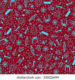 red seamless Christmas pattern with blue cartoon elements