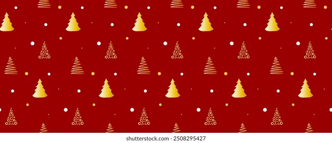 Red Seamless Christmas pattern with golden pines and snow . Vector graphics.