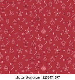 red seamless christmas symbols pattern, vector outline cute icons