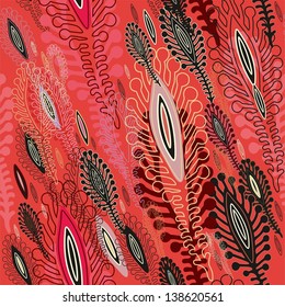 Red seamless decorative background with stylized vector Peafowl, Pavo, Pavonine tail feathers