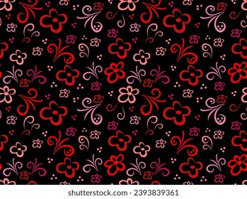 red seamless doodle floral pattern on black background