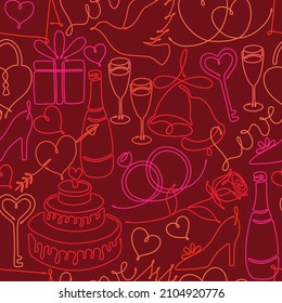 Red seamless doodle pattern with one line drawing of romantic symbols: hearts rose cake gift bells rings dove shoe wineglass champagne gift love key heart shaped padlock. For Wedding, Valentine day