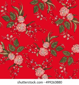 red seamless floral pattern with bouquets of roses