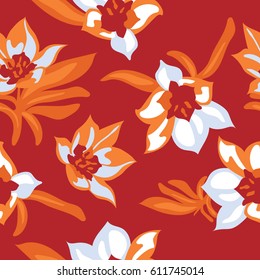 Red Seamless floral pattern. Flowers texture. Seamless narcissus Floral Pattern In Vector.
