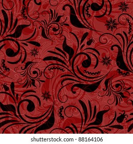 Red seamless floral pattern with vintage curls (vector EPS10