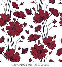 red seamless floral vector flowers leaves pattern of white