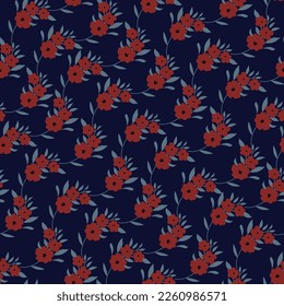 red seamless floral vector small flowers with grey leaves pattern on navy background