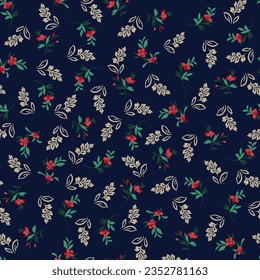 red seamless floral vector small flowers with green leaves bunches pattern on navy background