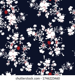 red seamless flowers bunches pattern on navy background