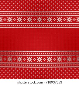 Red Seamless Knitted Pattern. Christmas and New Year Design Background with a Place for Text. Wool Knitting Texture Imitation