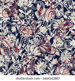 red seamless paisley pattern on white seamless navy background