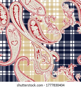 red seamless paisley pattern on stripe navy cream background