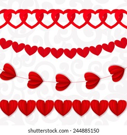 Red seamless paper garlands from hearts Valentine on white seamless pattern background